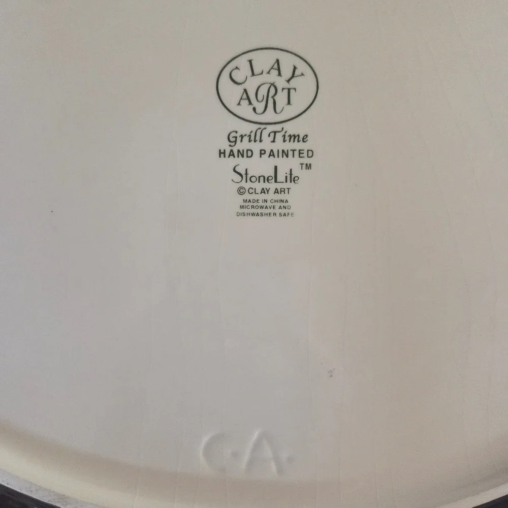 Clay Art Grill Time Hand Painted Ceramic Oval Serving Platter BBQ Aprons Multi